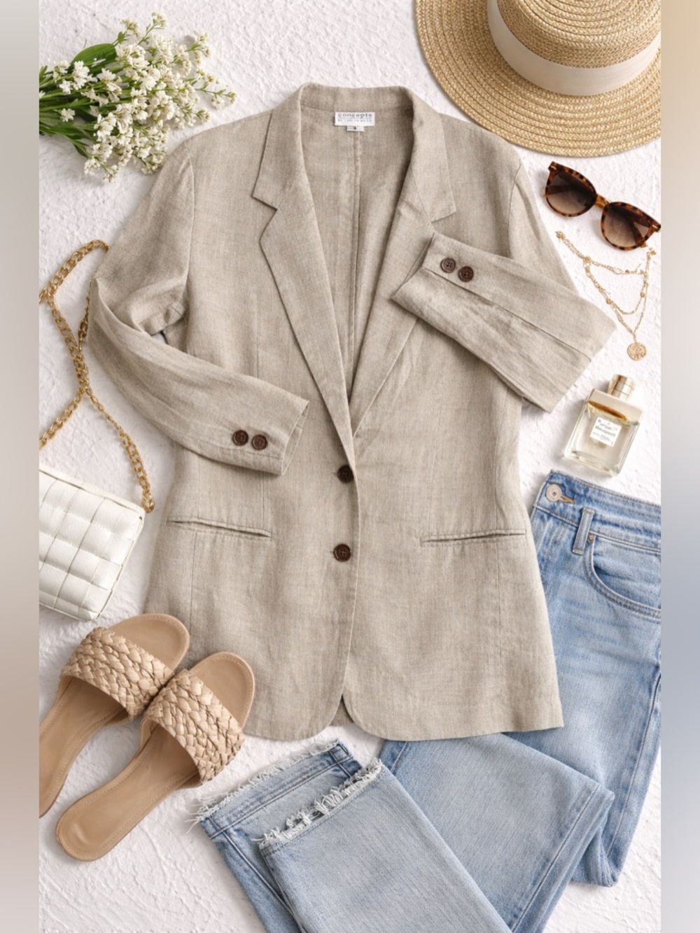 Women's Linen Blend Beige Blazer - Classic Tailored Suit Jacket